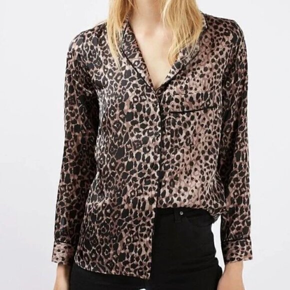 3 for $20 Bundle! Topshop satin leopard animal print pajama-style blouse Size 4 - Picture 2 of 6